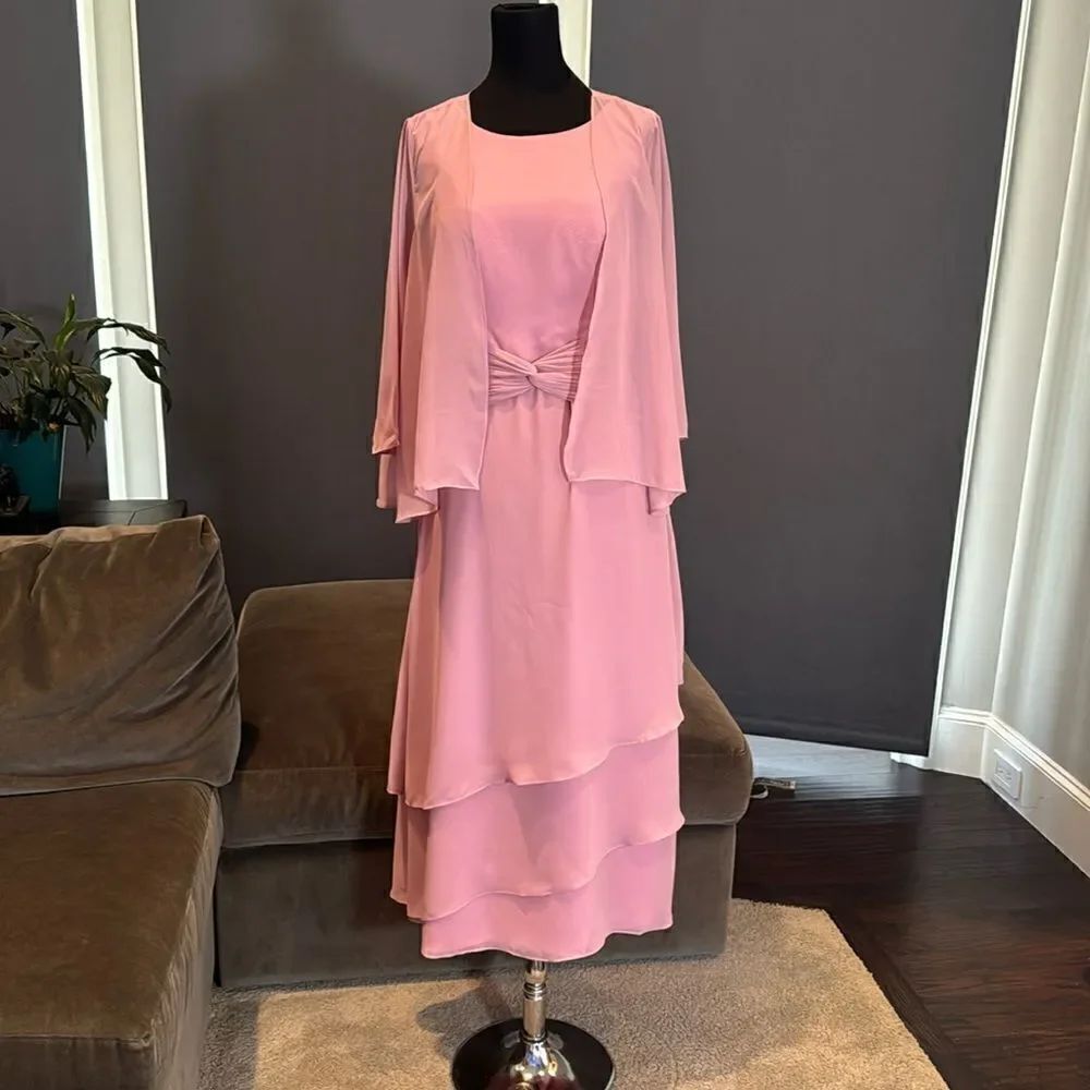 Women’s Pink Tea Length Chiffon Dress Matching Chiffon Jacket CorsetBack Size 12